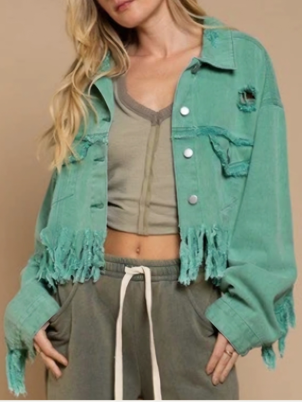 POL Cropped Distressed Fringe Jean Jacket in Mint Green